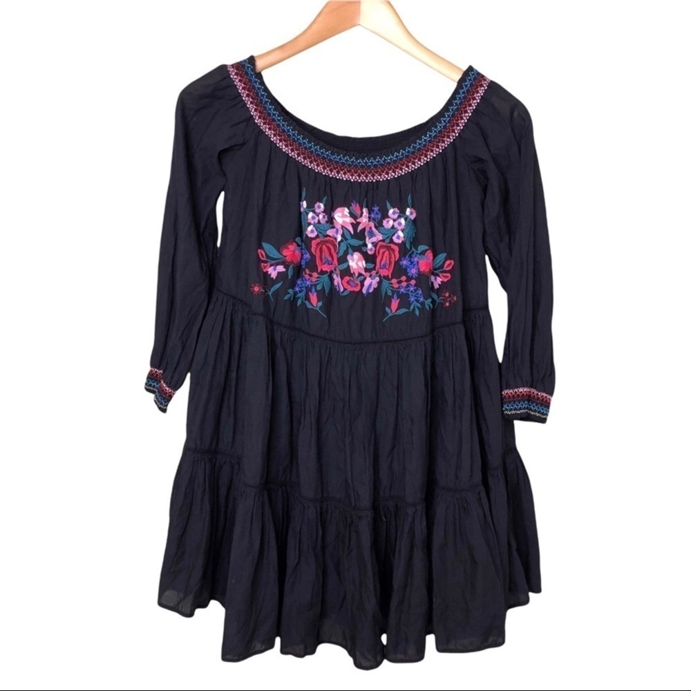 Free People Sunbeams Dress Embroidered Off The Shoulder Mini Black Size Small - Picture 3 of 8